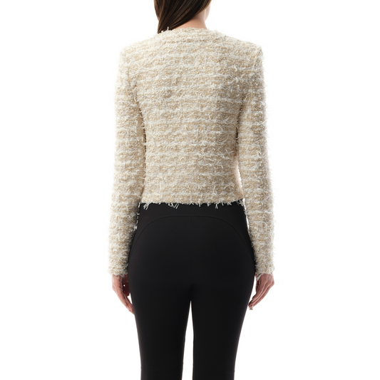 2 Pockets Buttoned Tweed Knit Crop Jacket in White/Gold