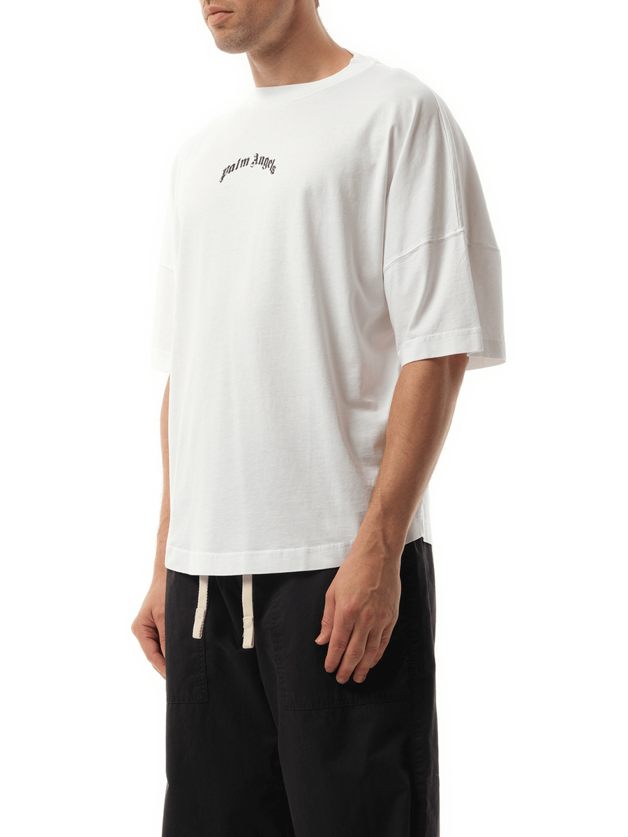 Palm Angels Back Curved Logo Over T-Shirt in Off White/Black