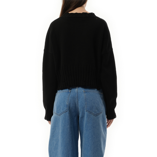 Distressed Cropped Sweater in Black