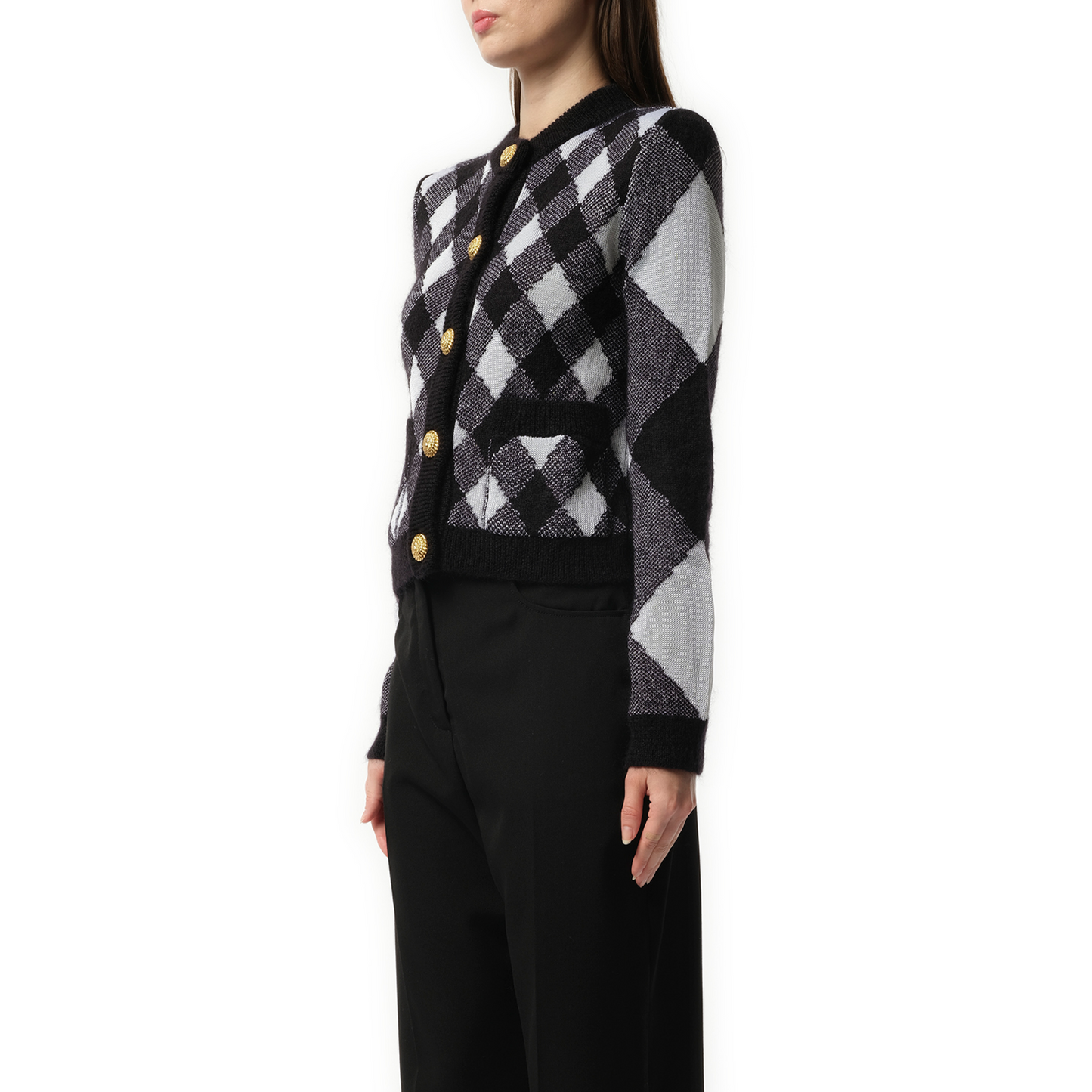 Buttoned 2 Pockets Vichy Knit Cardigan in Black/White