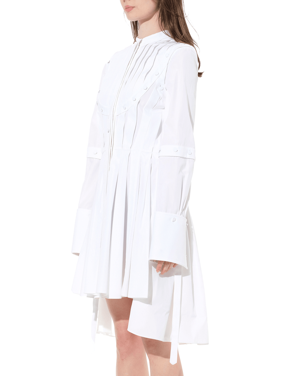 Pleated Sleeves Cotton Dress in White