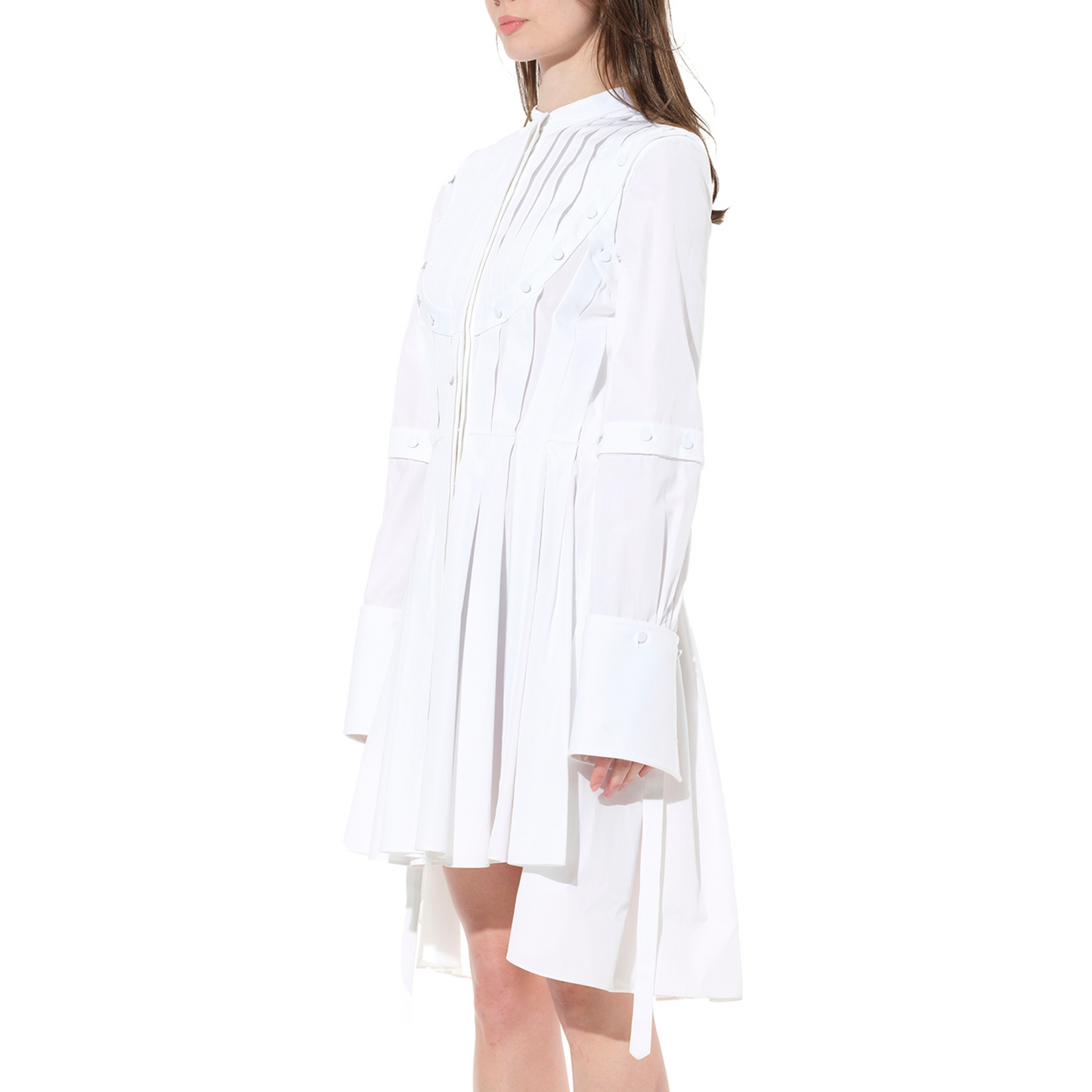 Pleated Sleeves Cotton Dress in White