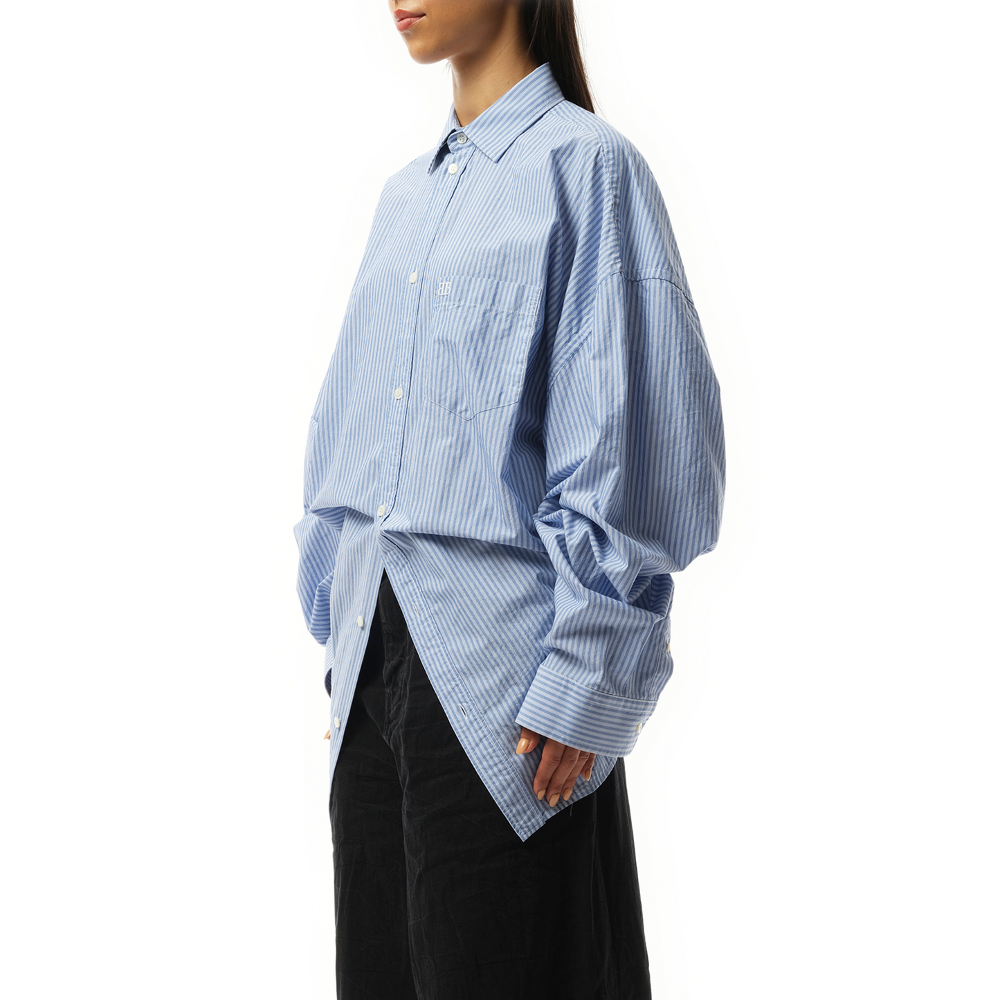 Long Sleeve Knotted Shirt in Blue/White