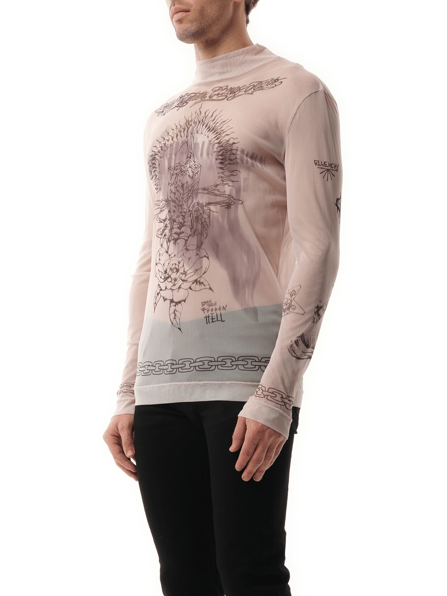 Tattoo Shrine Mesh Long Sleeve T-Shirt in Beige