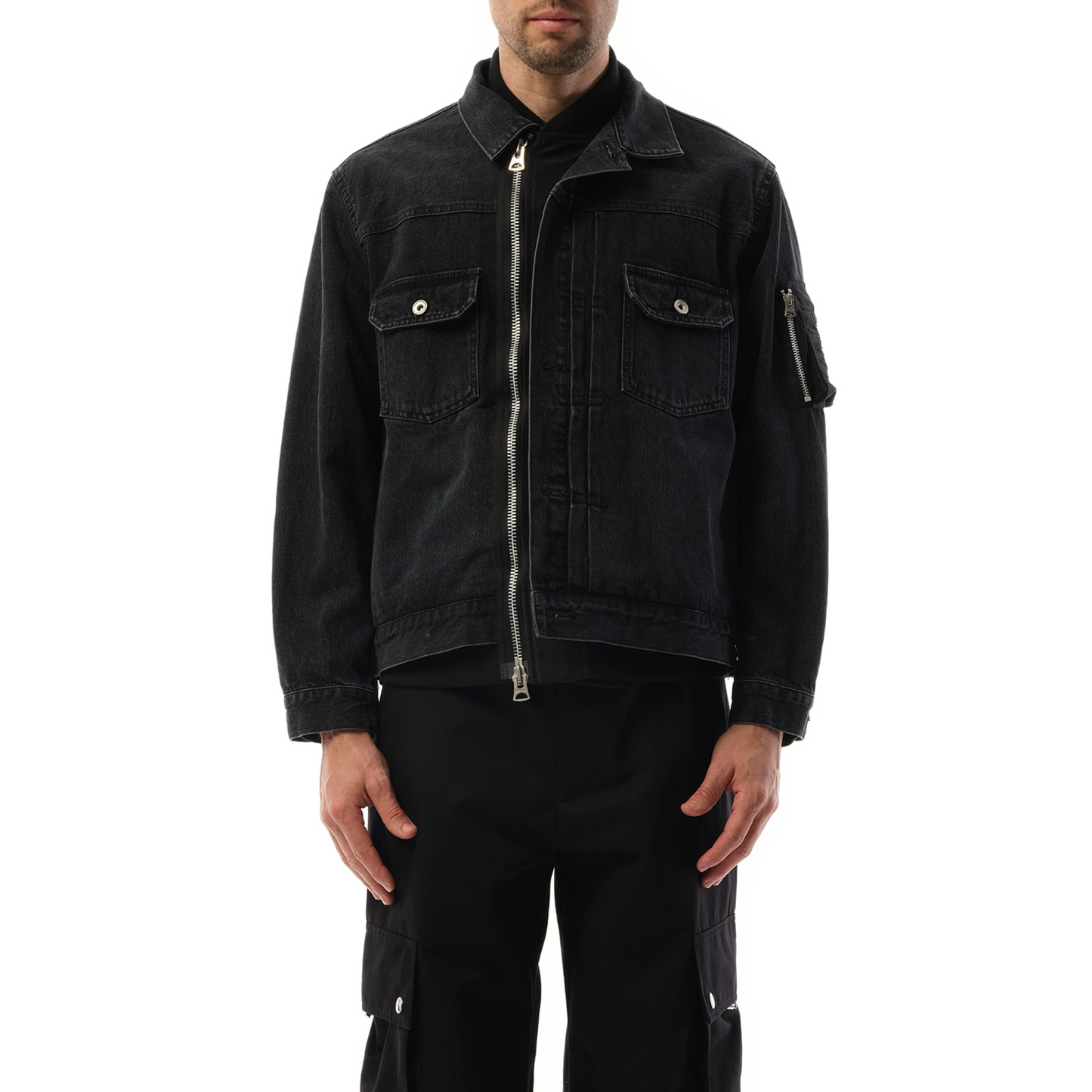 Denim Nylon Double Jacket in Black