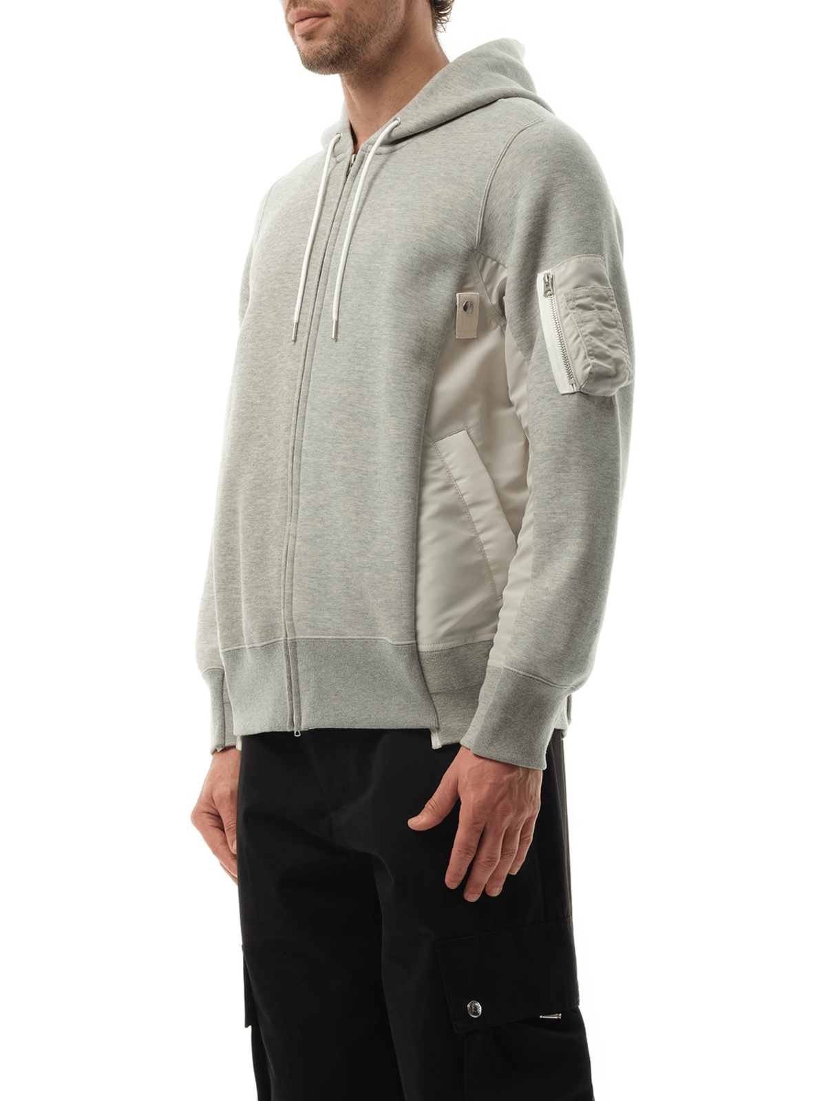 Sacai Sponge Sweat Nylon Twill Zip Hoodie in Light Gray
