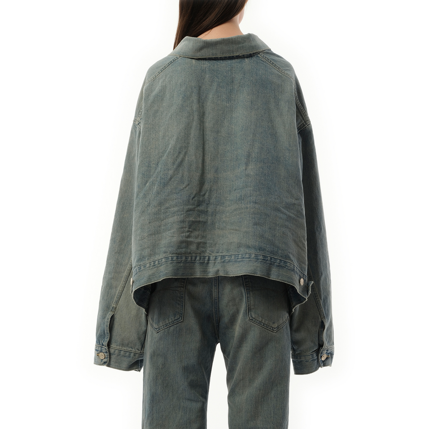 Off Shoulder Selvedge Denim Jacket in Blue