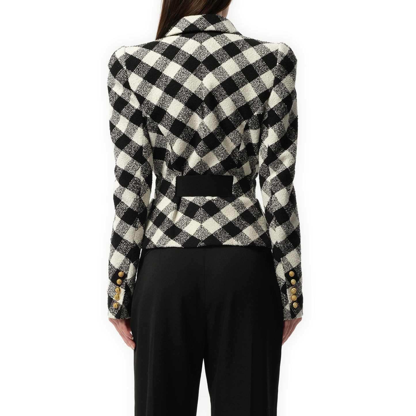 2 Button Escargot Belted Vichy Tweed Jacket in Black/White