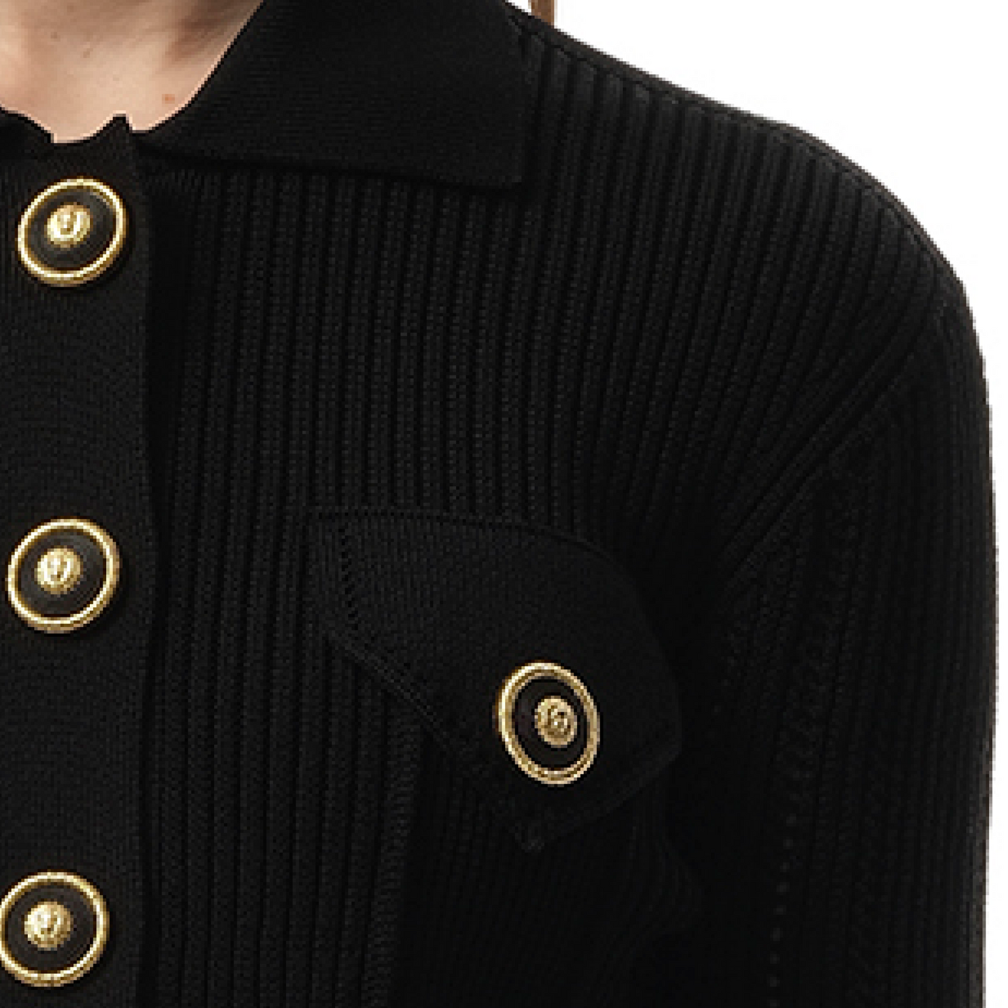 4 Pockets Buttoned Ribbed Knit Cardigan in Black