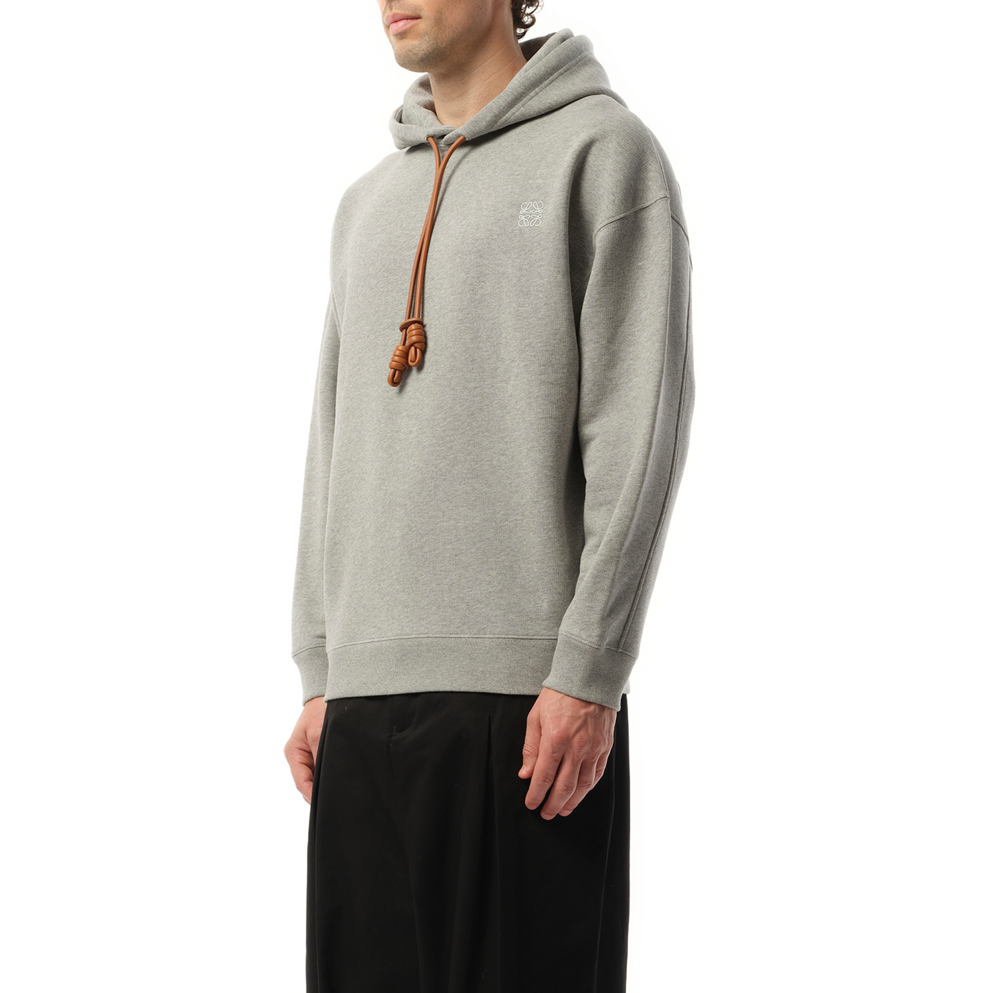 Leather Tassle Hoodie in Grey Melange