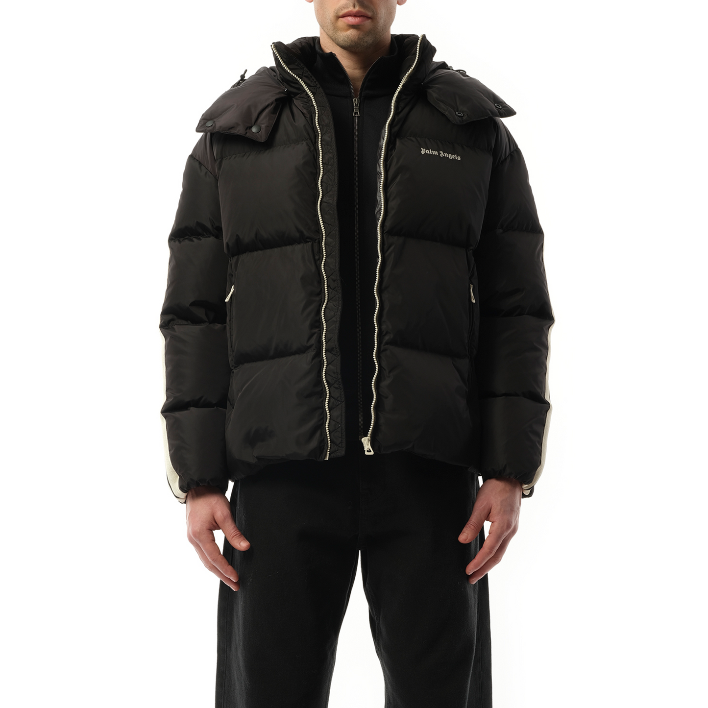 Hooded Track Down Jacket in Black/Off White