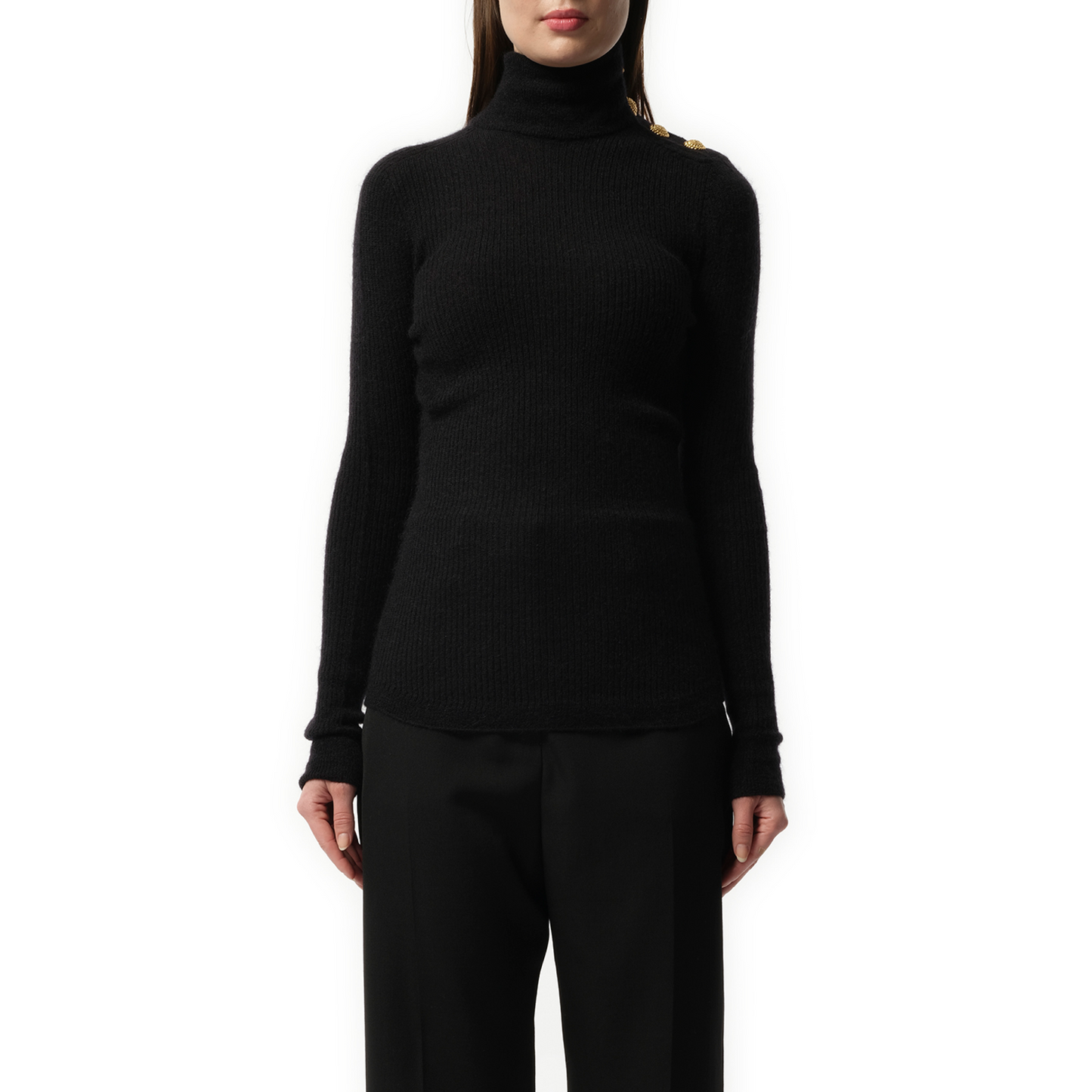 Buttoned High Neck Mohair Top in Black