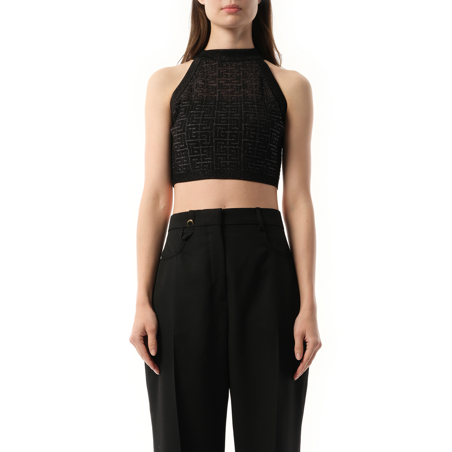 Halterneck Glittered Knit Crop Top in Black