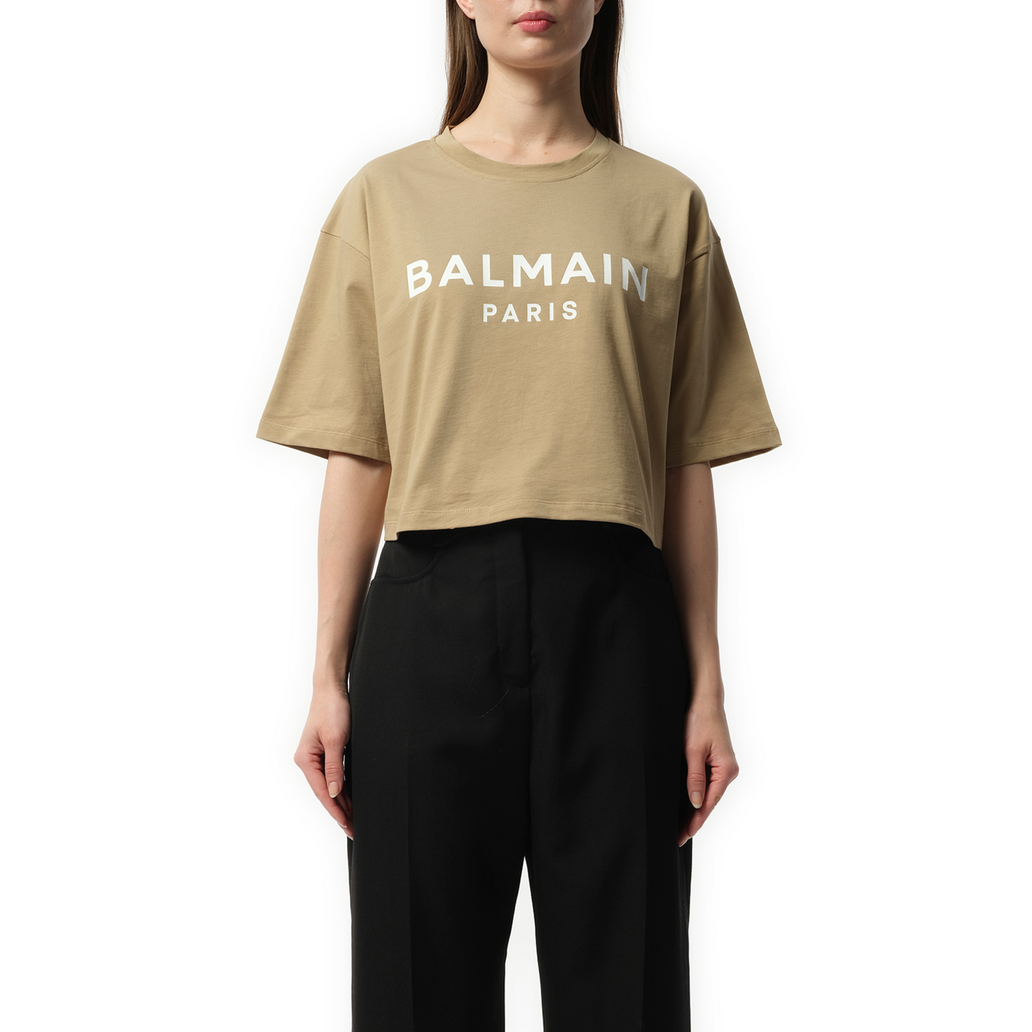 Balmain Printed Cropped T-Shirt in Beige/White