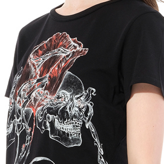 Skull and Rose Print T-Shirt in Black