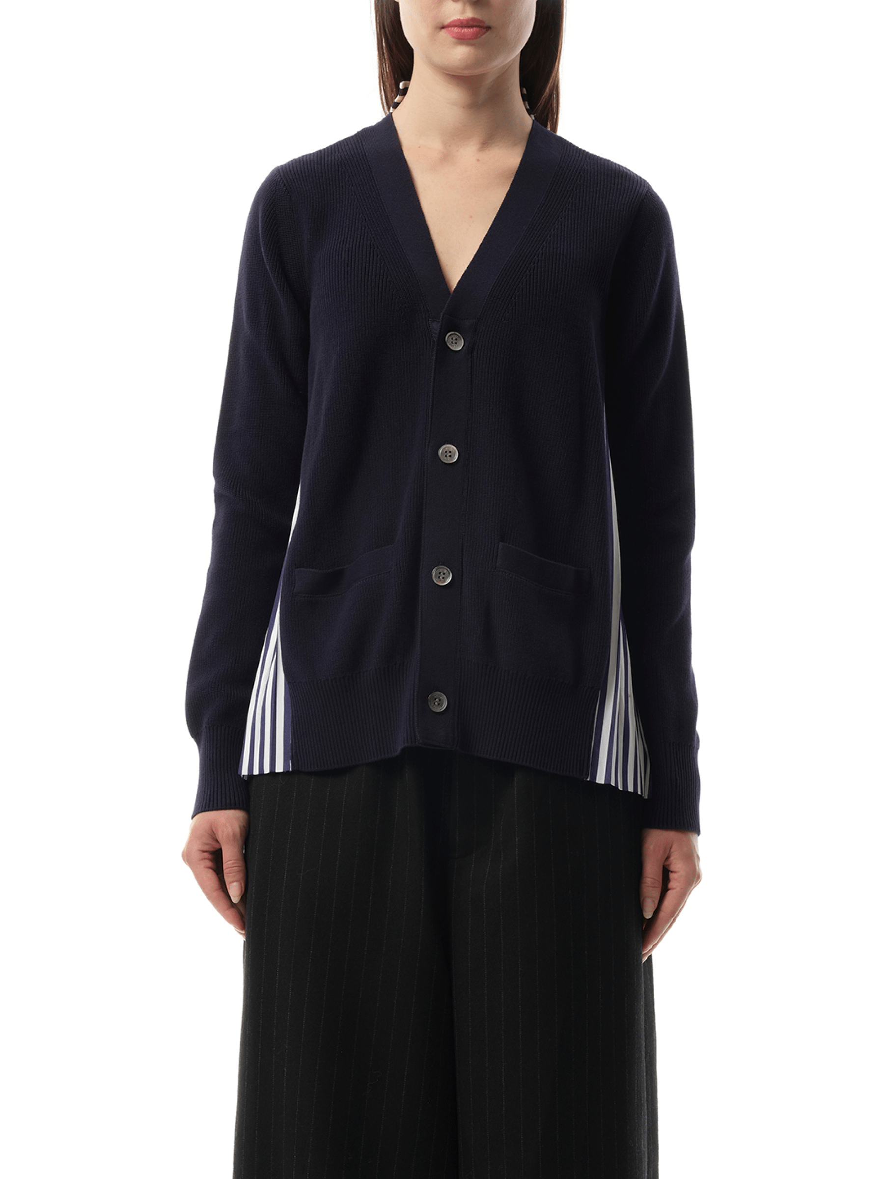 Sacai Cotton Knit x Cotton Poplin Cardigan in Navy