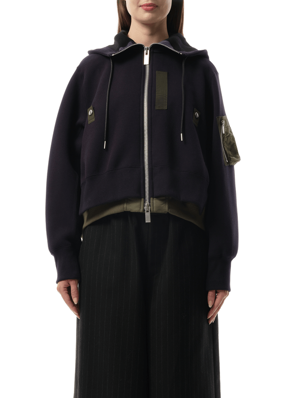 Sacai Sponge Sweat x Nylon Twill Zip Hoodie in Navy/Khaki