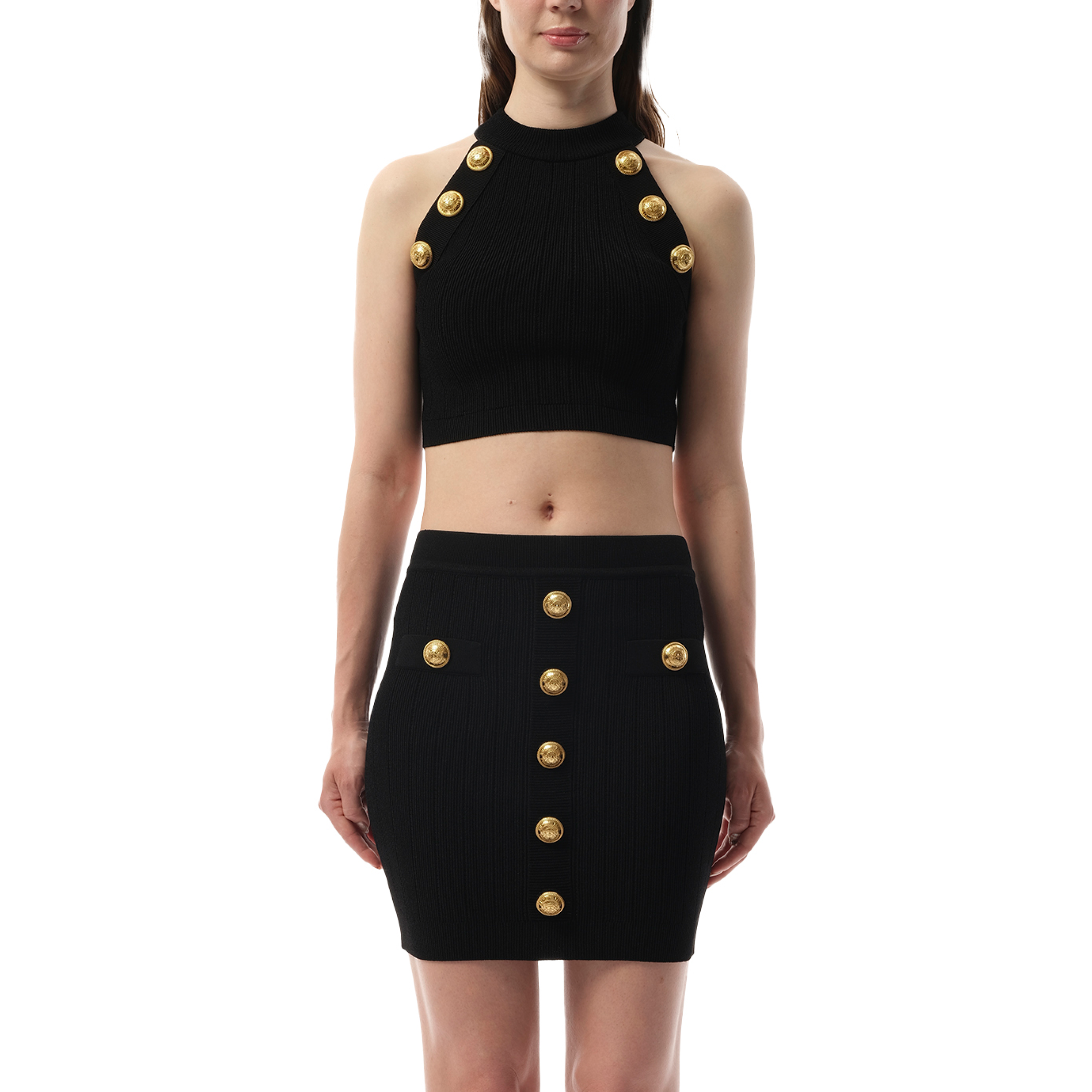 6 Button Halter neck Knit Cropped Top in Black