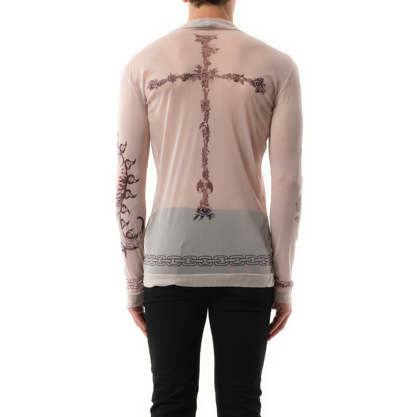 Tattoo Shrine Mesh Long Sleeve T-Shirt in Beige