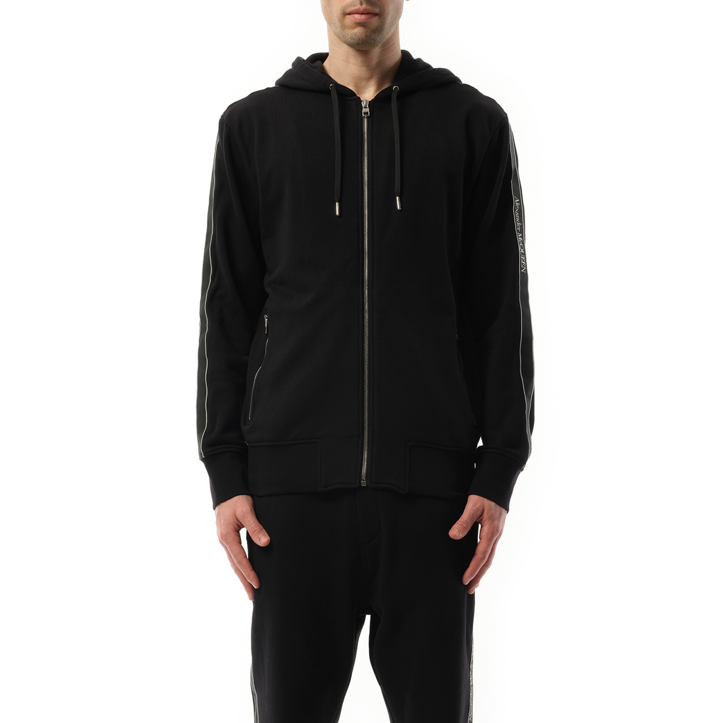 Tape Zip Up Hoodie in Black/Black