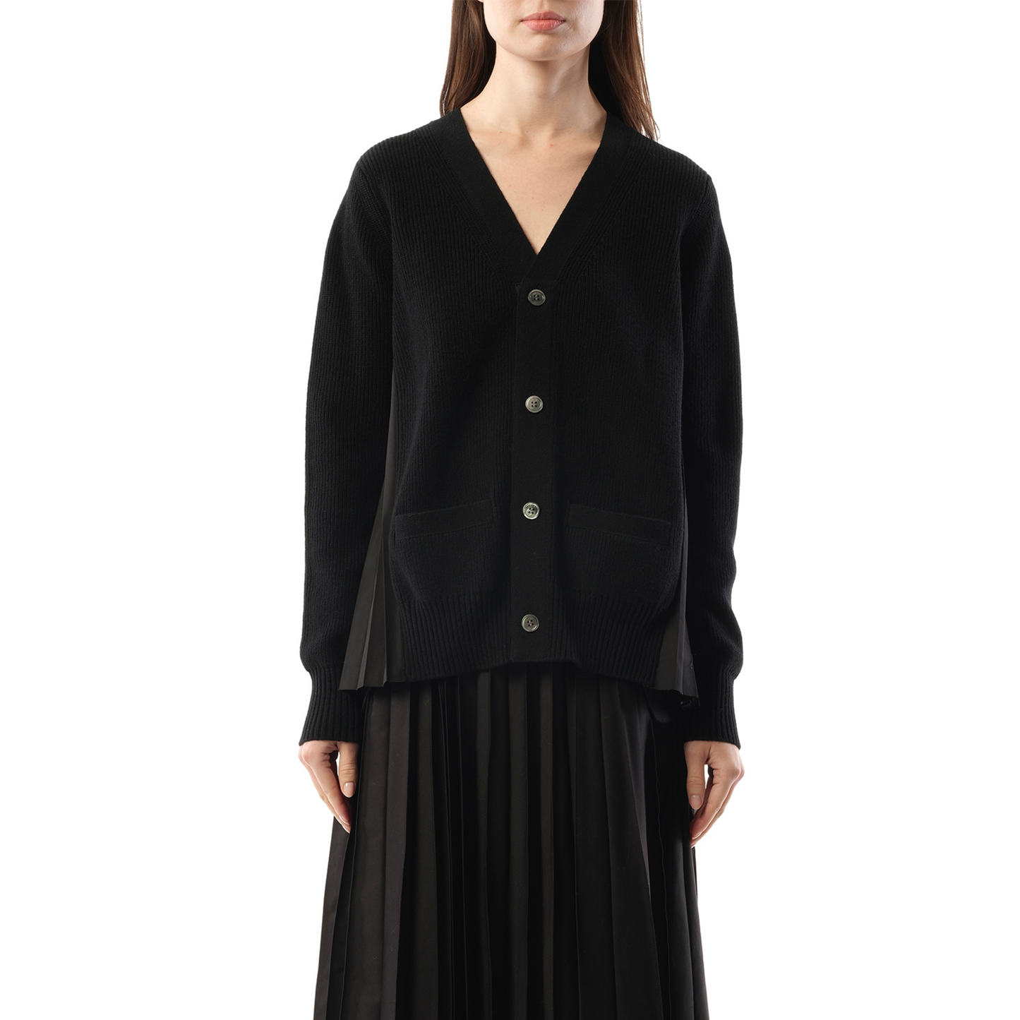 Wool Knit x Cotton Poplin Cardigan in Black