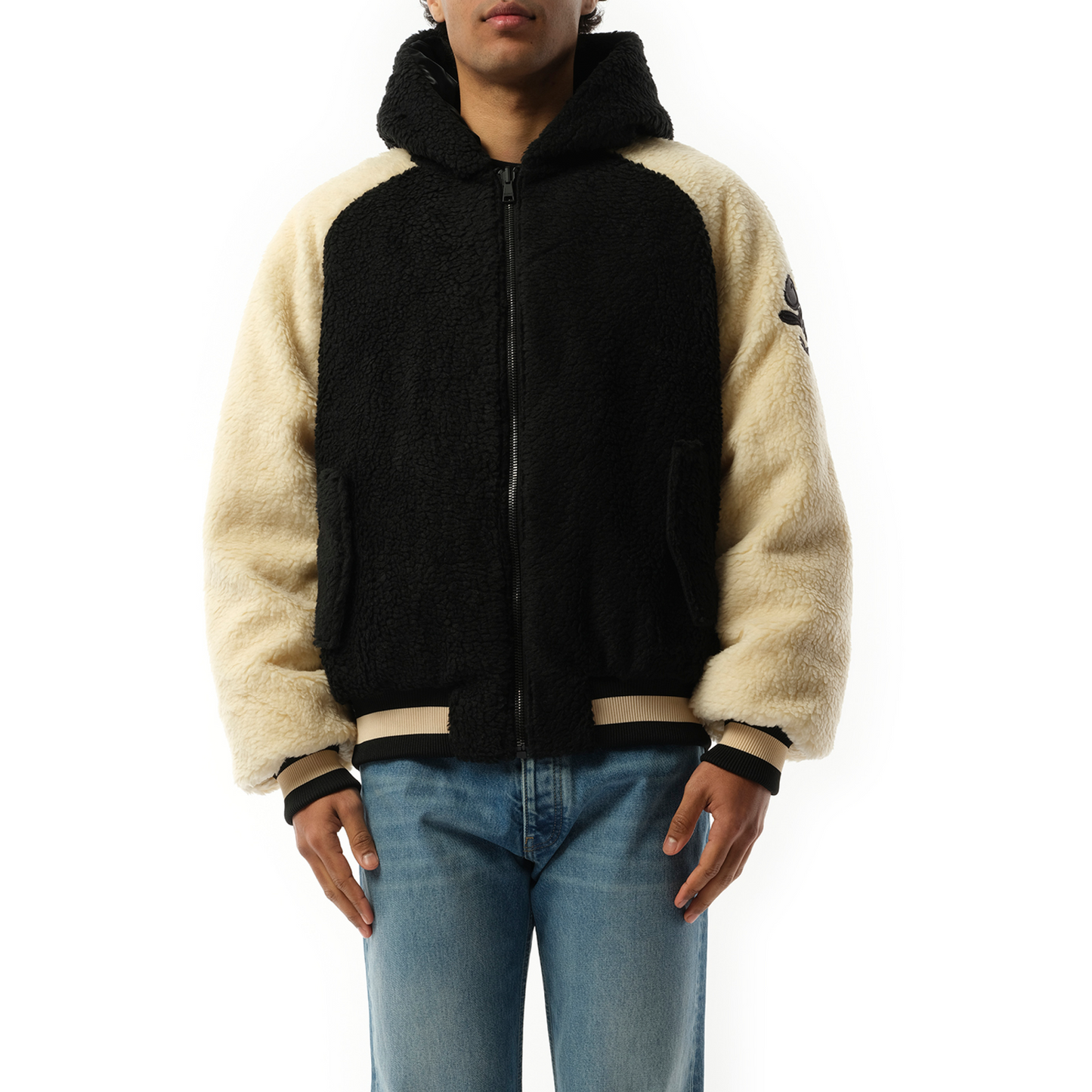 Reversible Hooded Teddy Puffer Jacket in Black/White