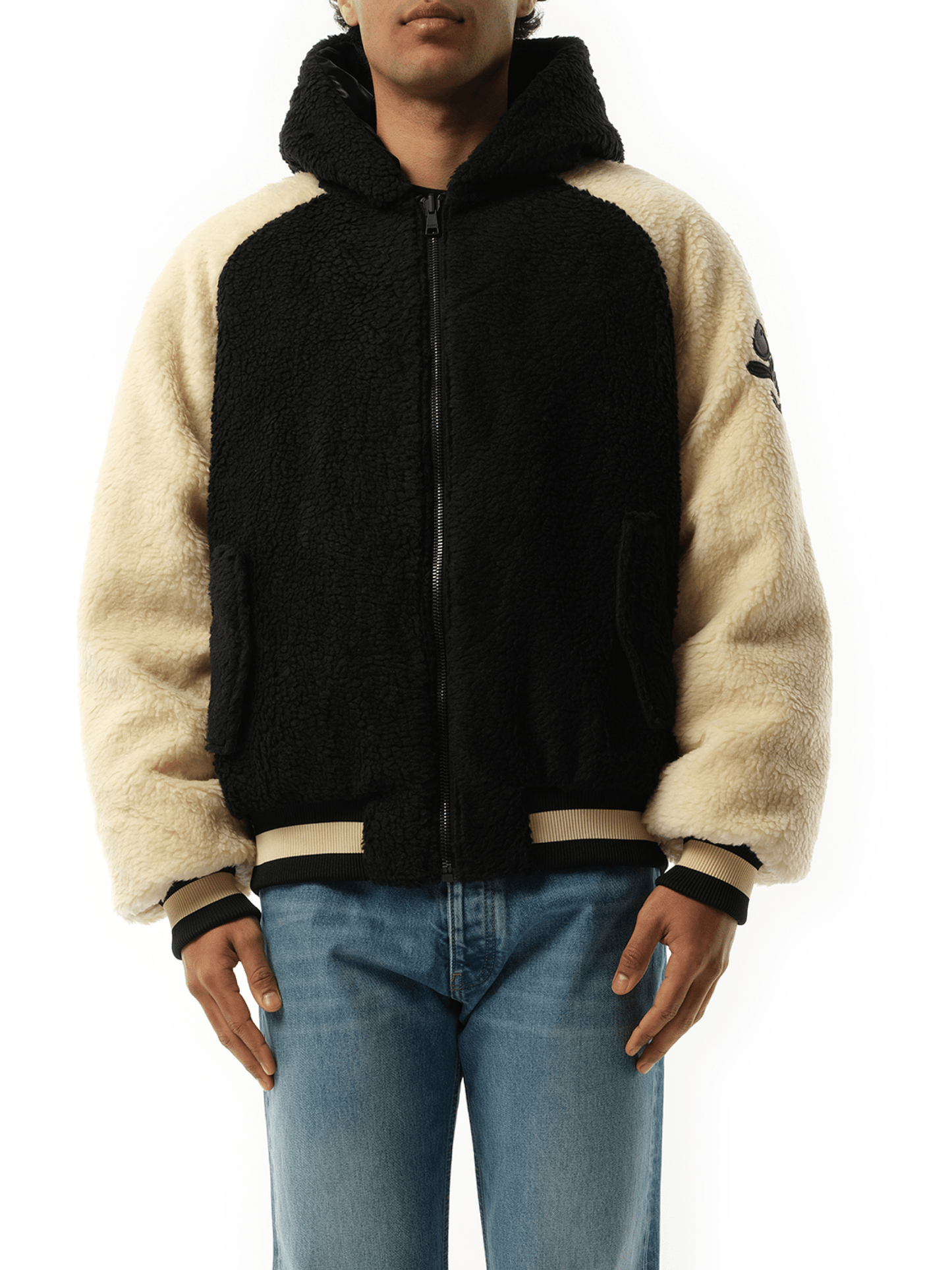 BALMAIN Reversible Hooded Teddy Puffer Jacket in Black White MARAIS