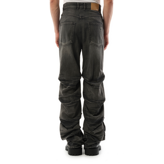 Wrinkled Straight Denim Trousers in Black