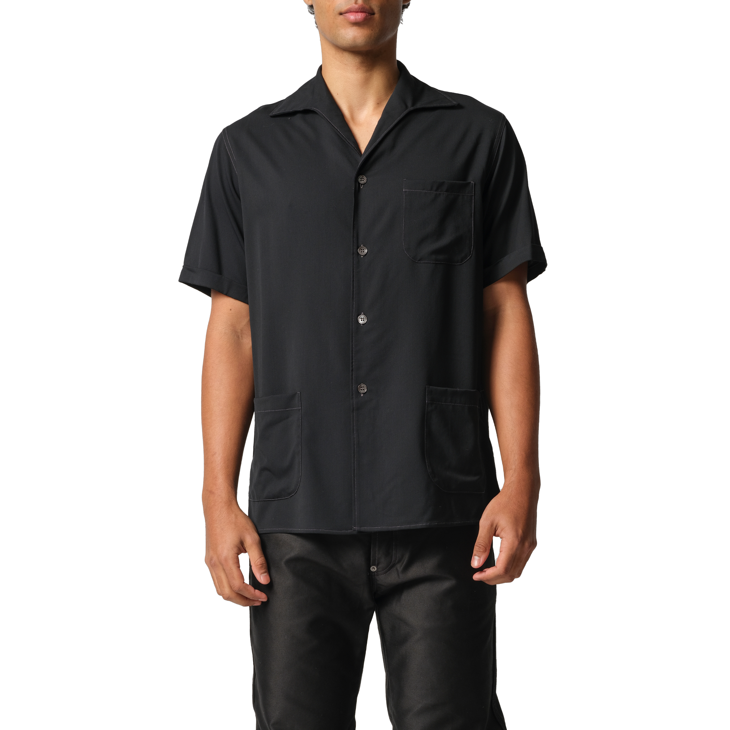 Fine Wool Short-sleeved Shirt in Black