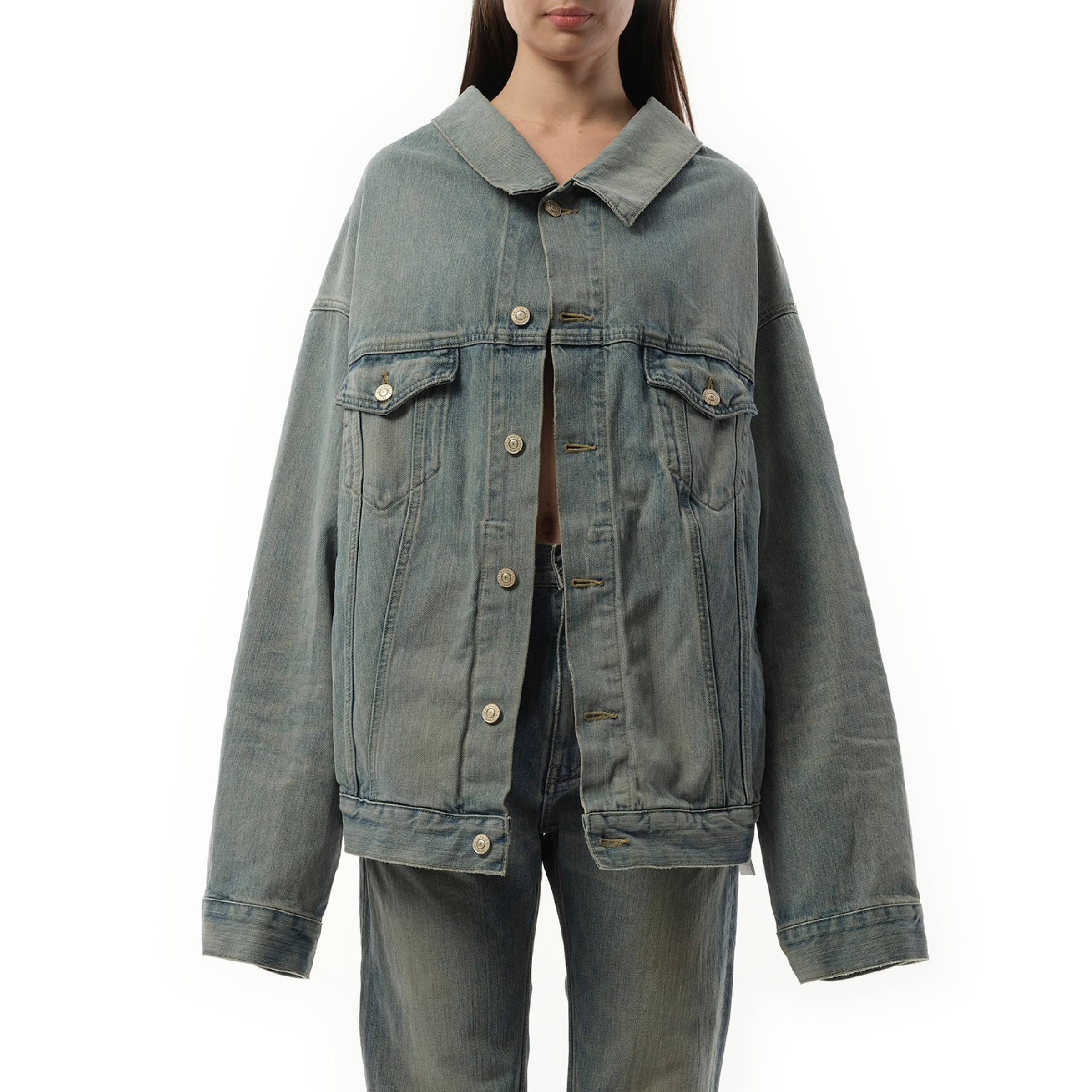 Off Shoulder Selvedge Denim Jacket in Blue