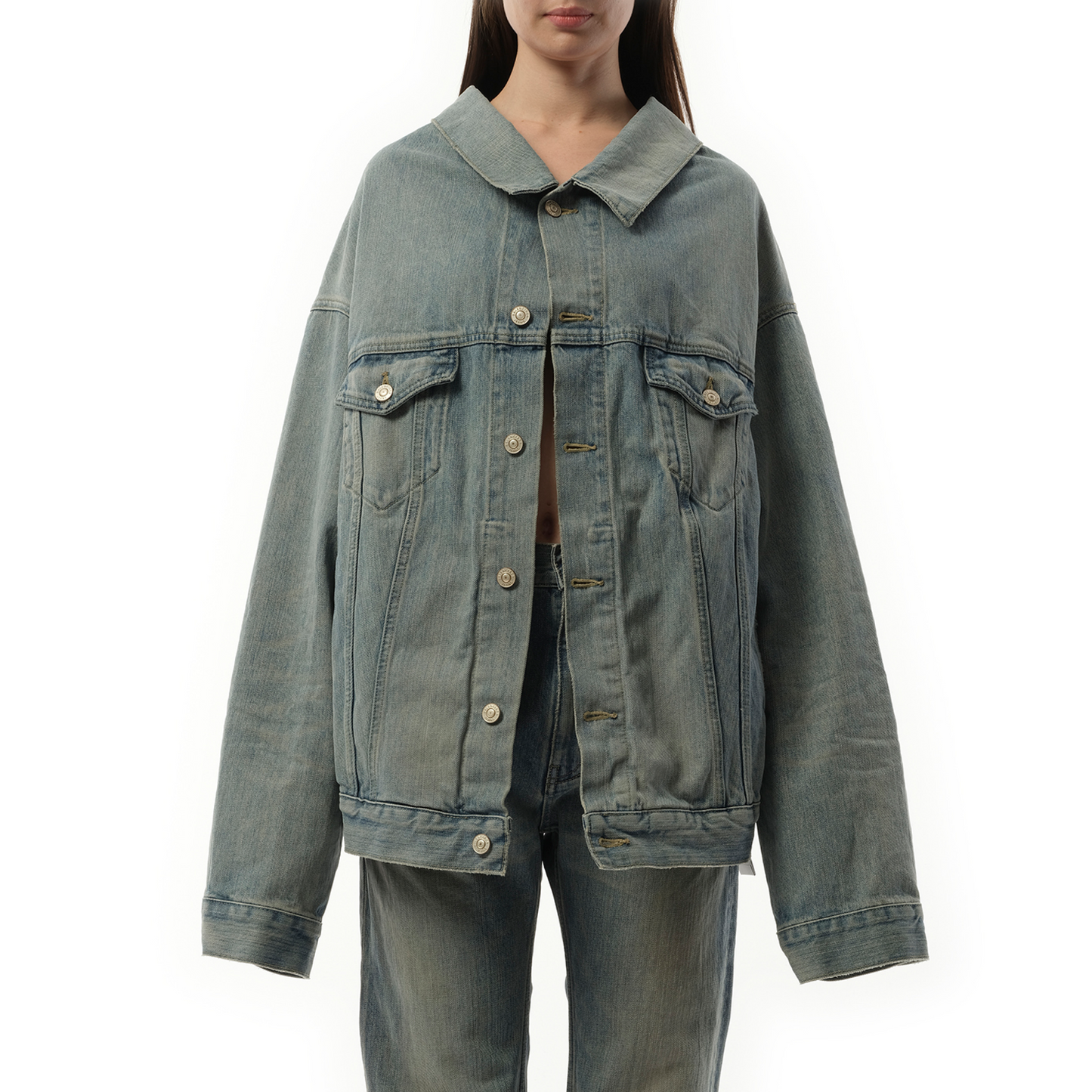 Off Shoulder Selvedge Denim Jacket in Blue