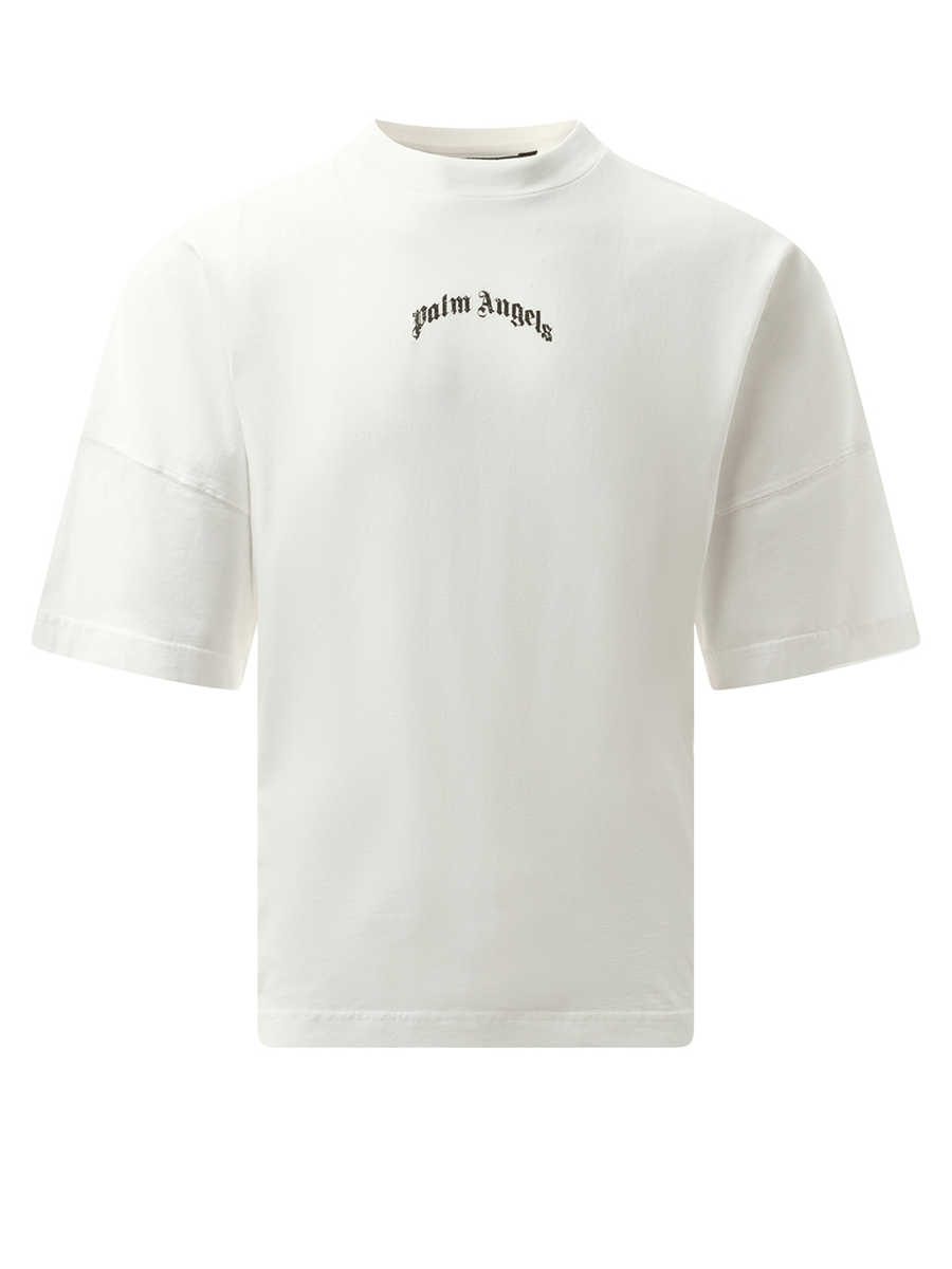 Palm Angels Back Curved Logo Over T-Shirt in Off White/Black
