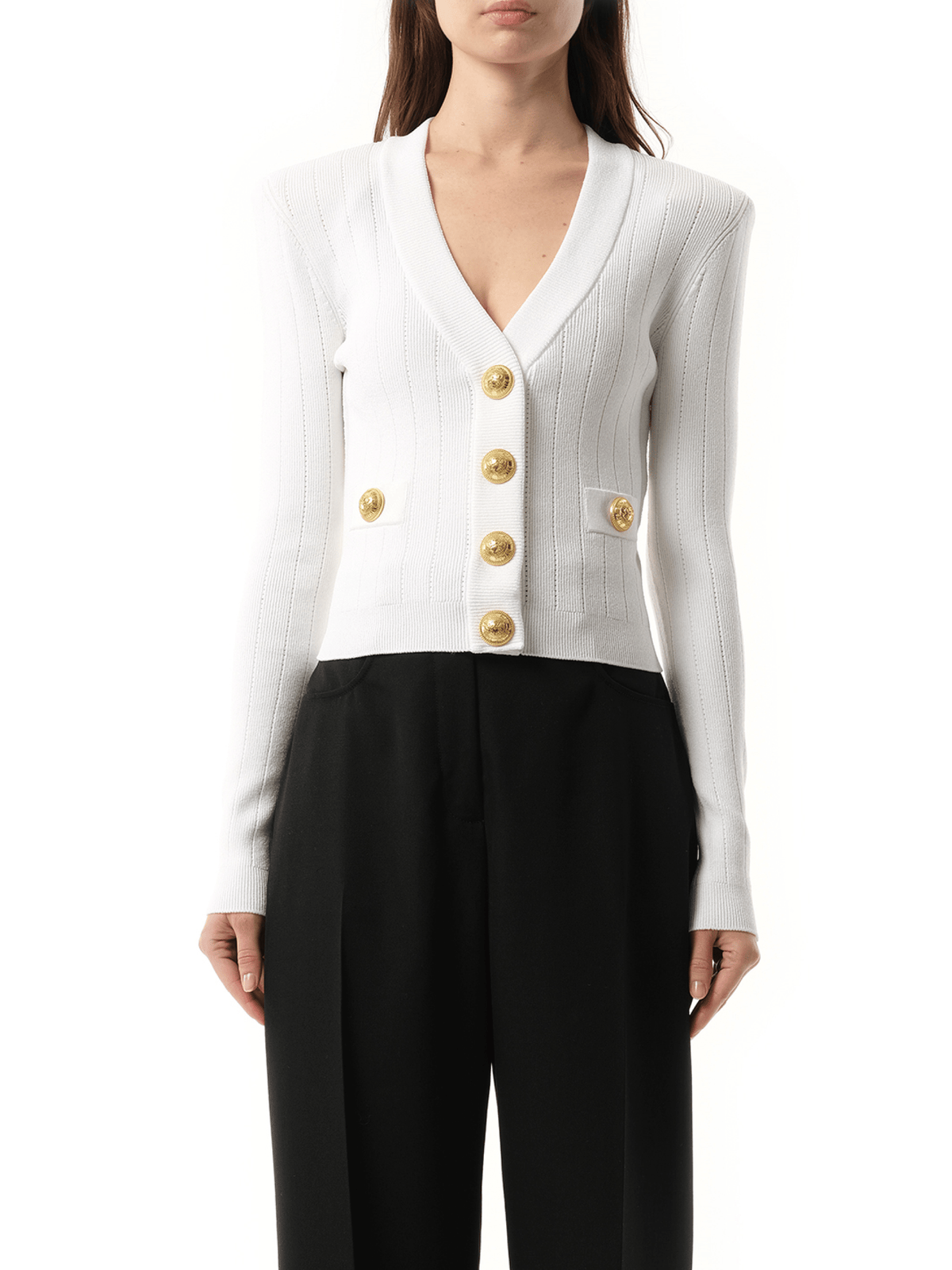 Balmain Buttoned Knit Crop Cardigan in White