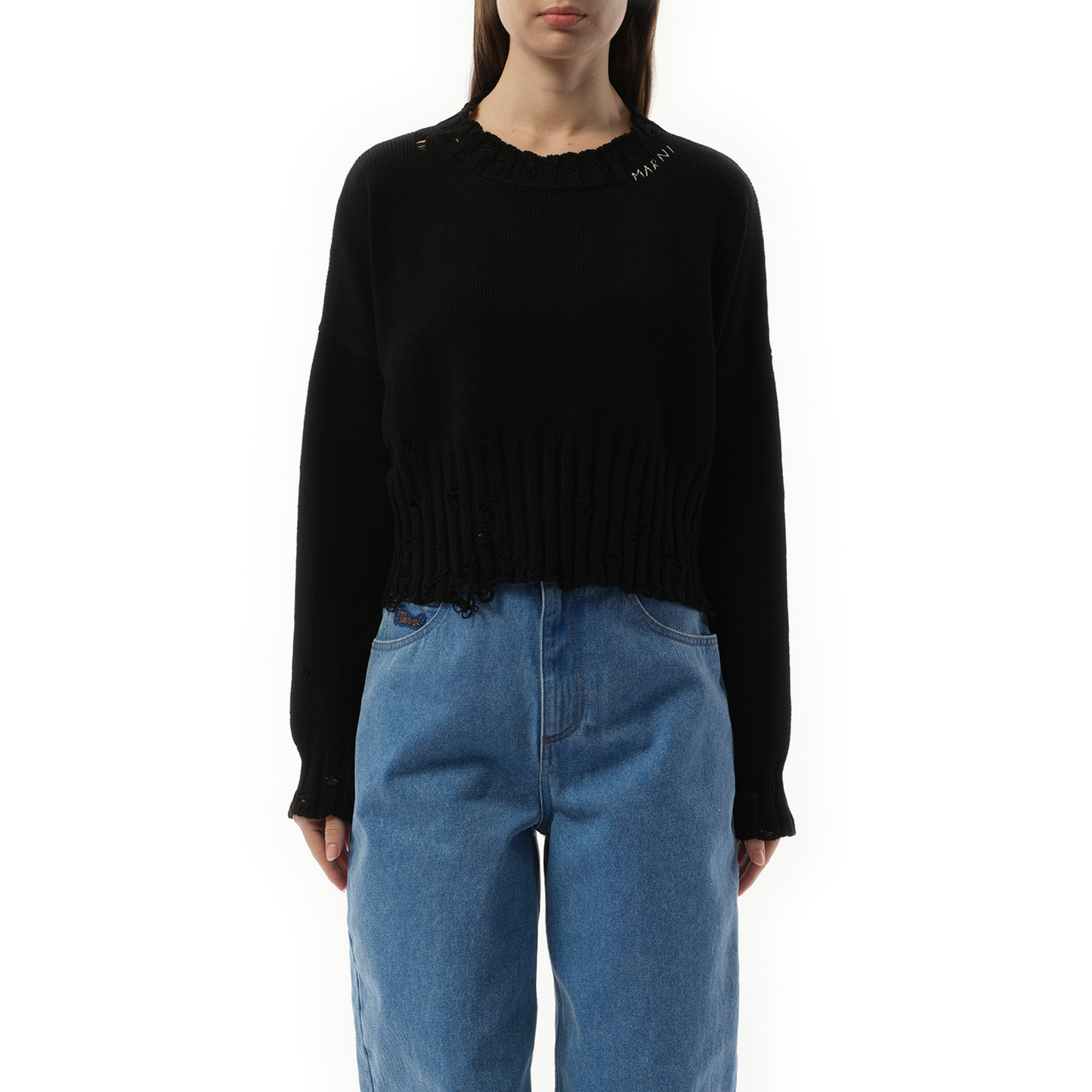 Distressed Cropped Sweater in Black