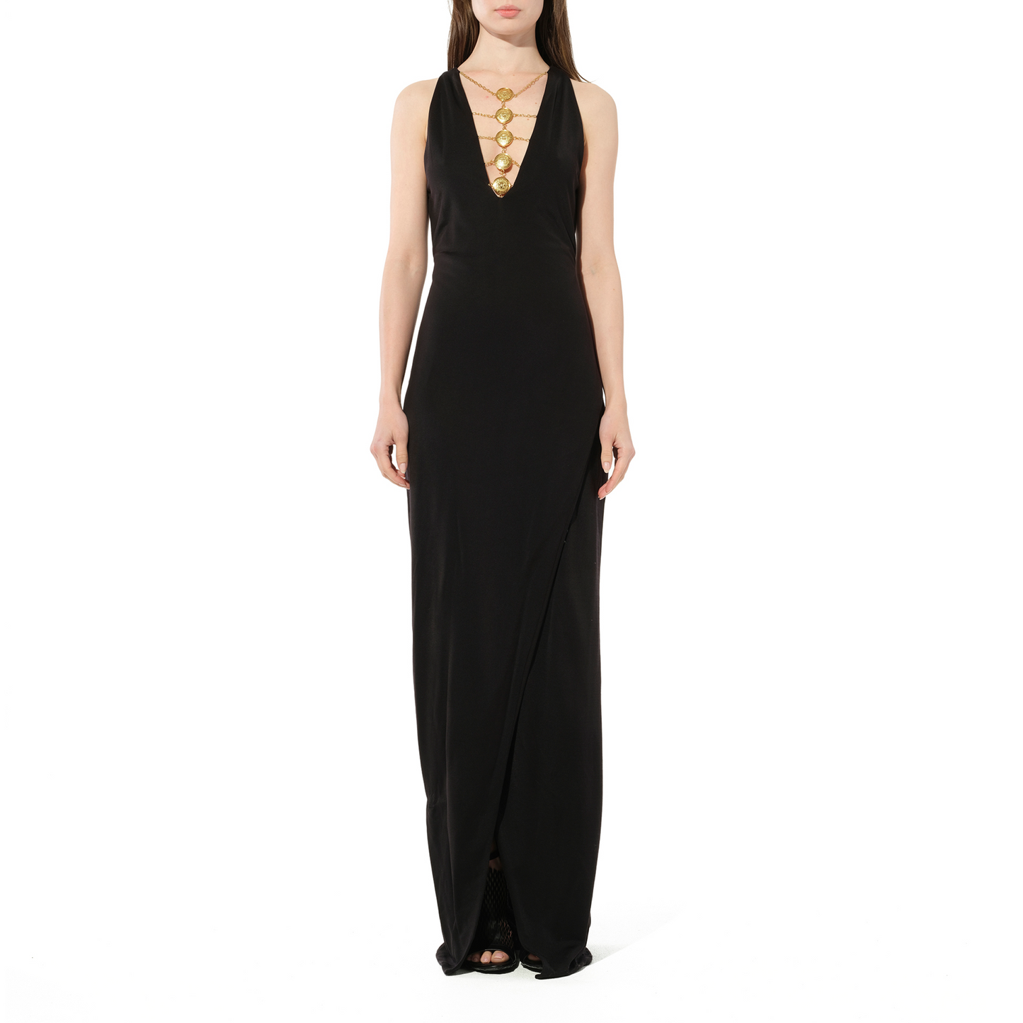 Balmain Sleeveless Coin Long Dress in Black