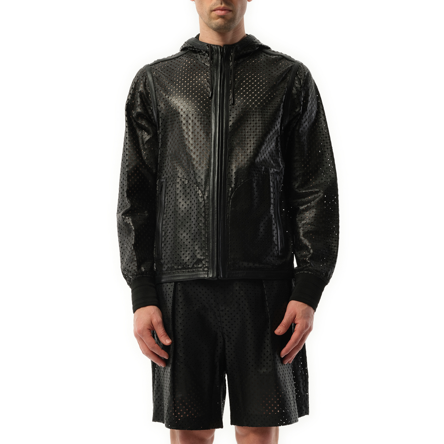 Leather Hooded Jacket in Black