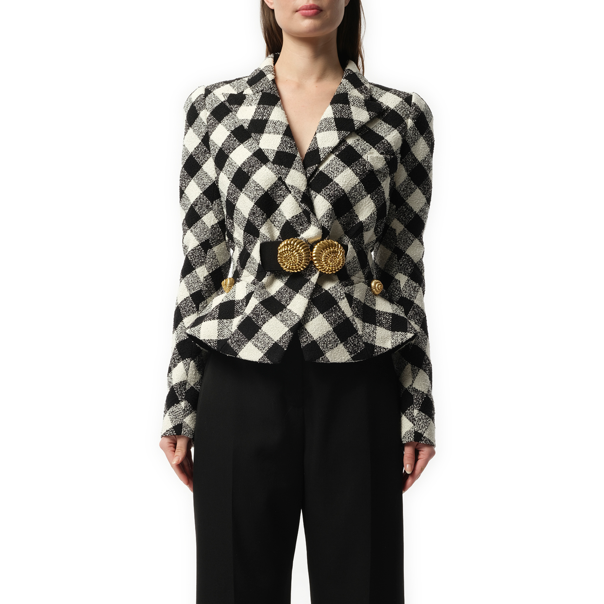 2 Button Escargot Belted Vichy Tweed Jacket in Black/White