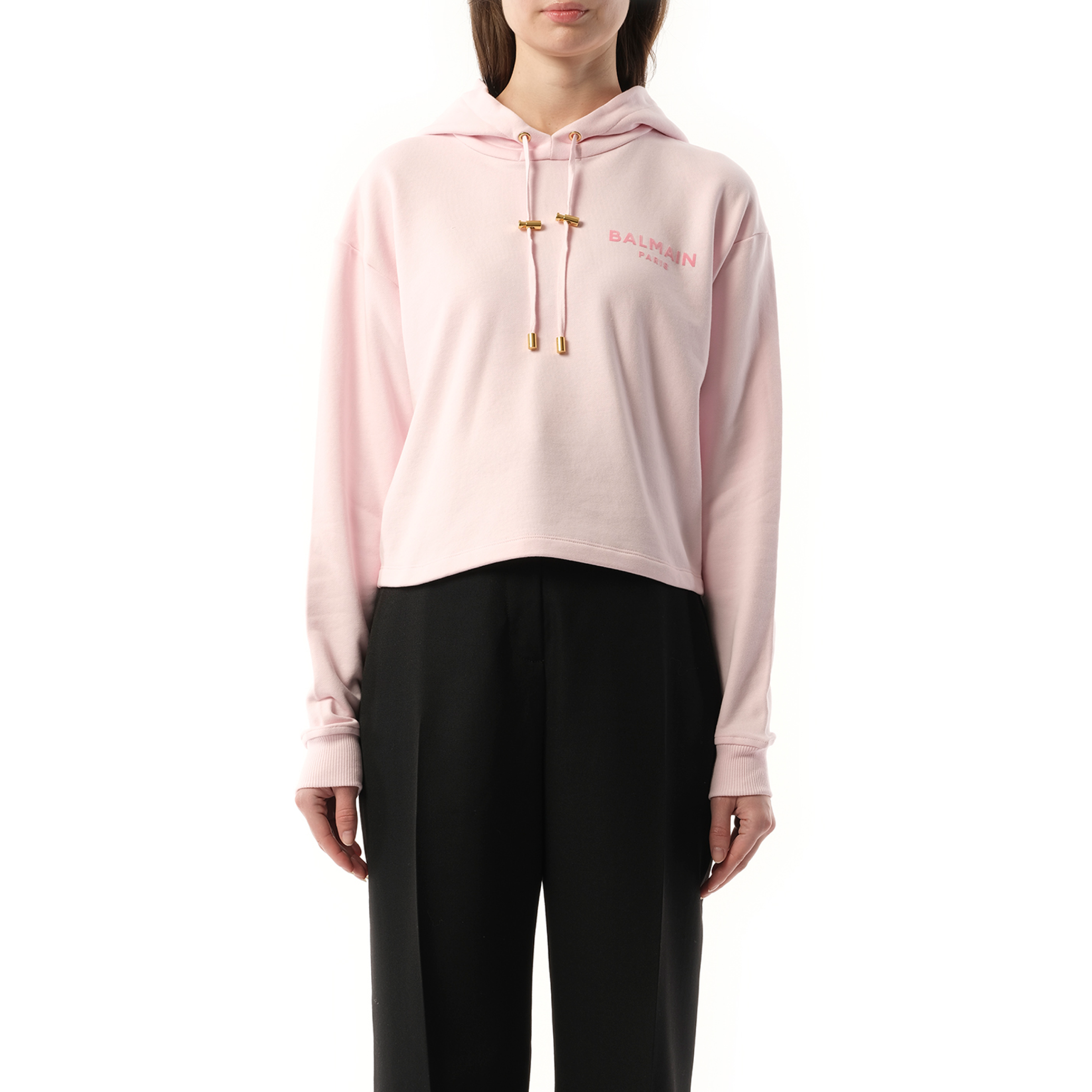 Balmain Flock Detail Cropped Hoodie in Pink