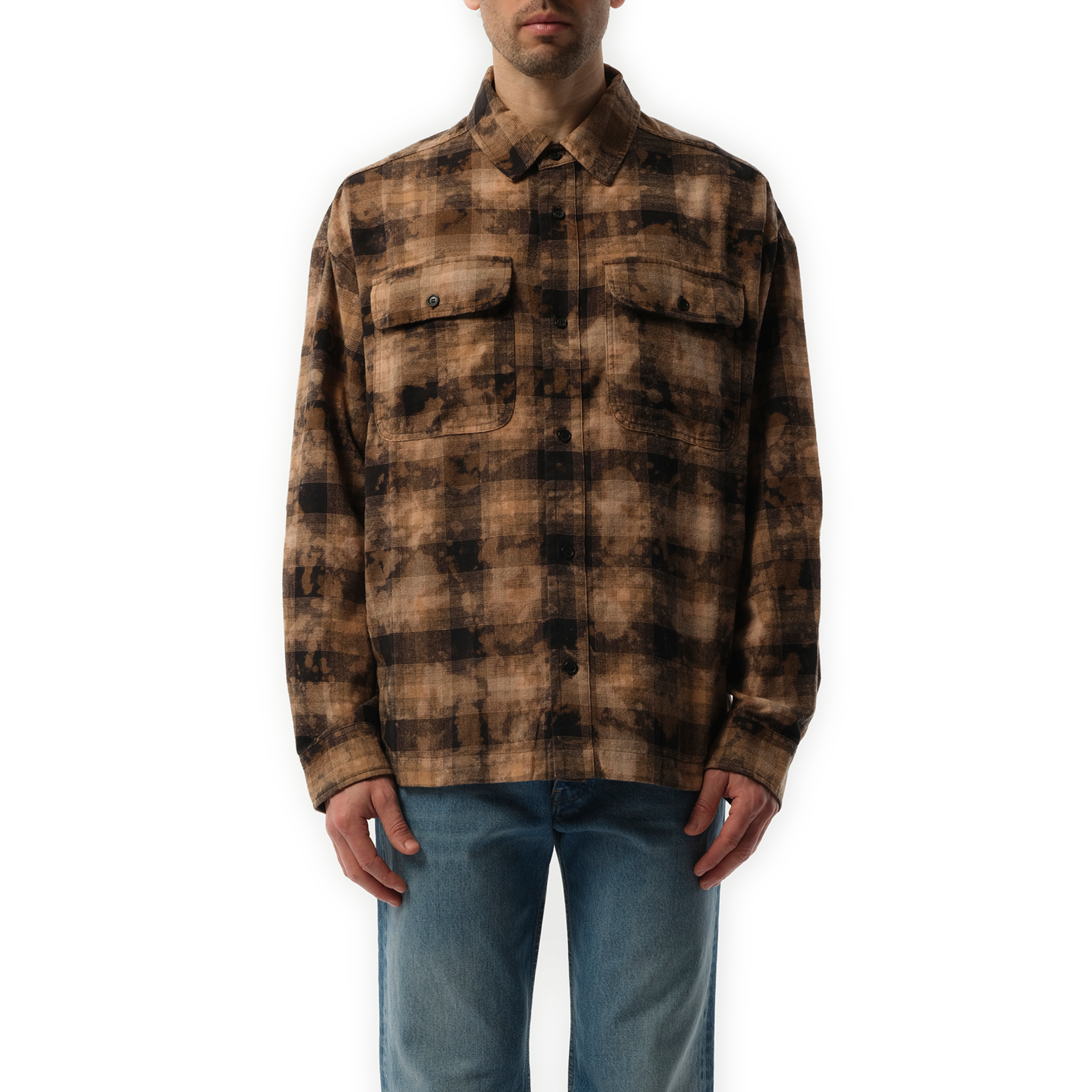 Long Sleeve Curved Logo Check Shirt in Brown/Off White