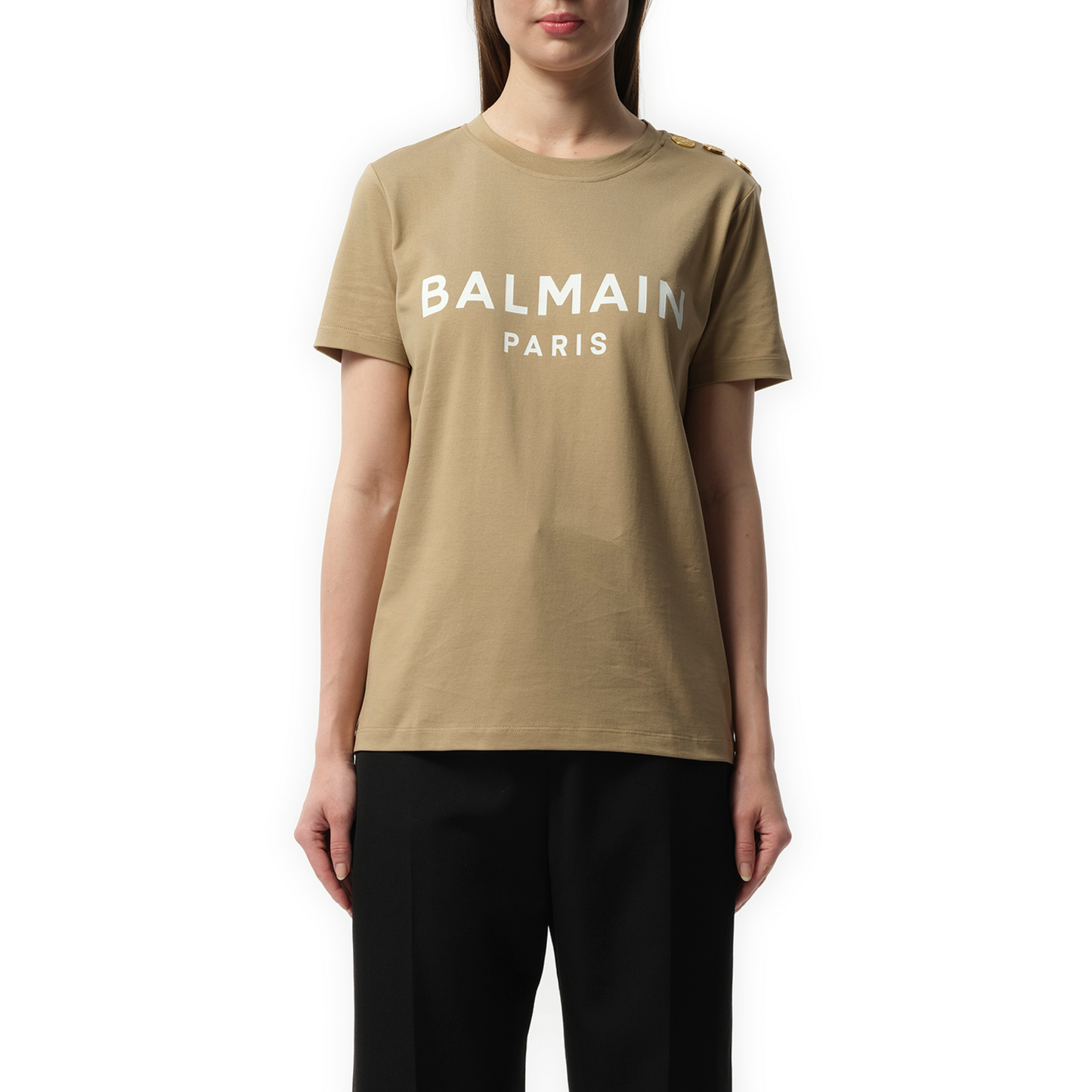 3 Button Printed Balmain T-Shirt in Beige/White