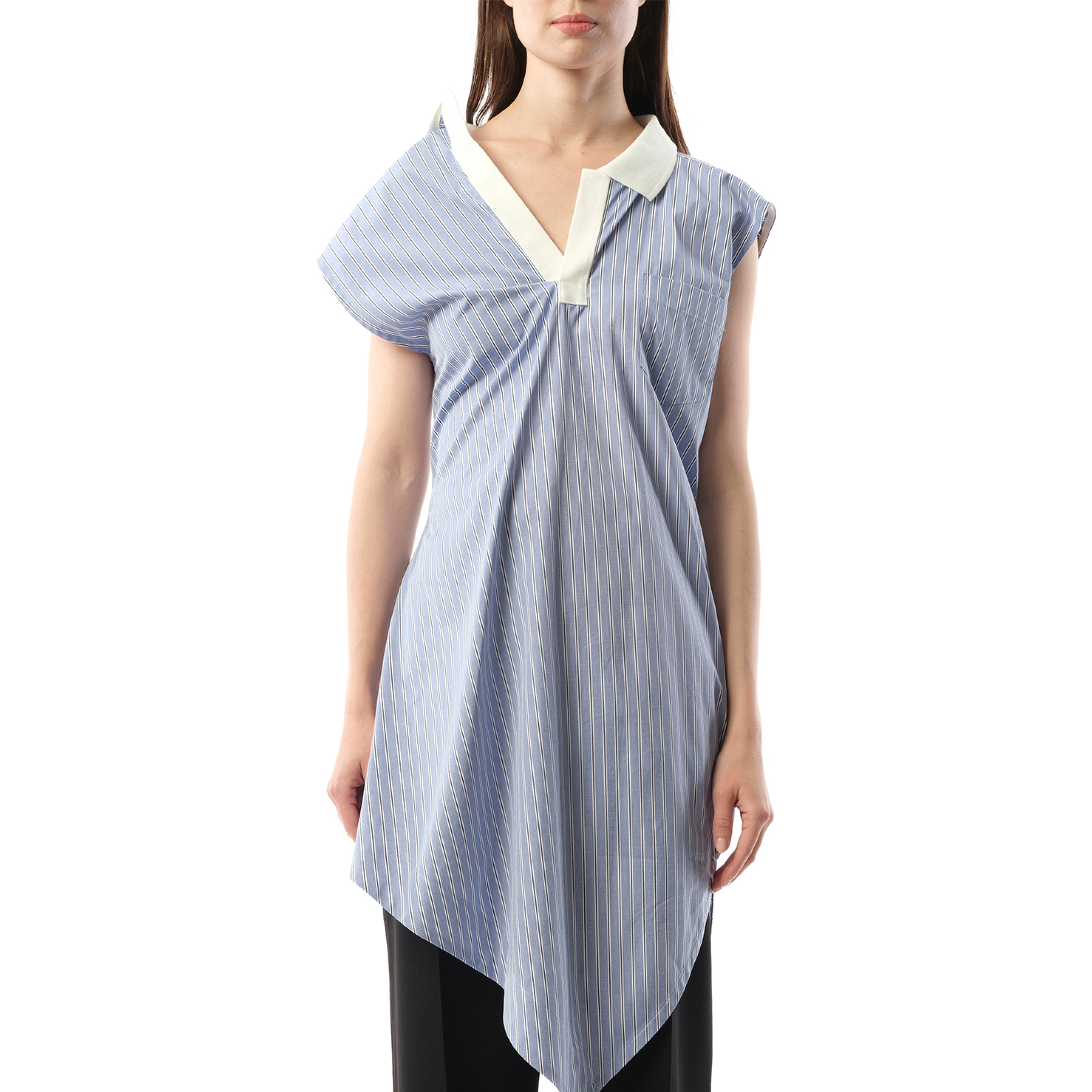 Cotton Poplin Polo Shirt in Light Blue Stripe