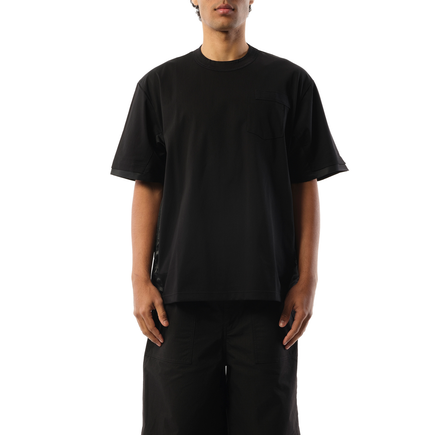 Nylon Twill Cotton Jersey T-Shirt in Black