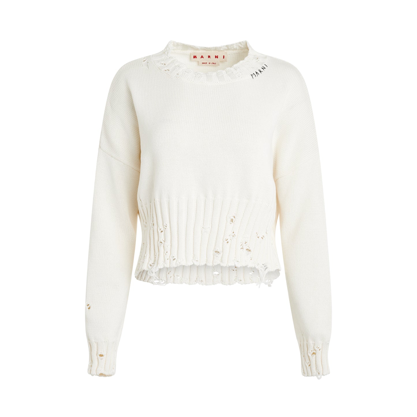 Distressed Cropped Sweater in White