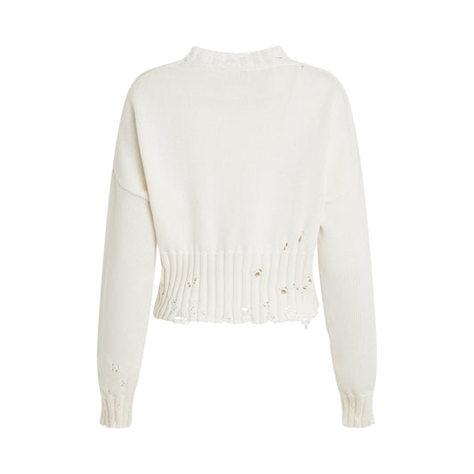 Distressed Cropped Sweater in White