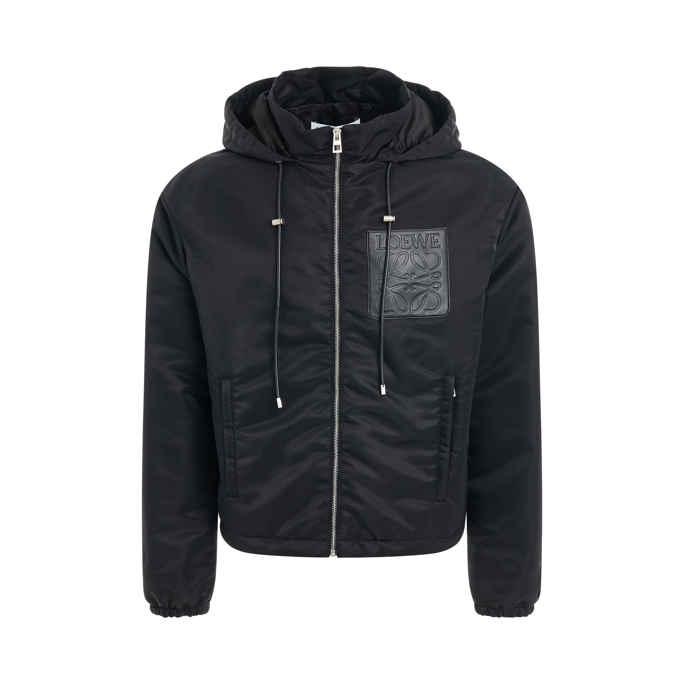 Leather Patch Hooded Jacket in Black
