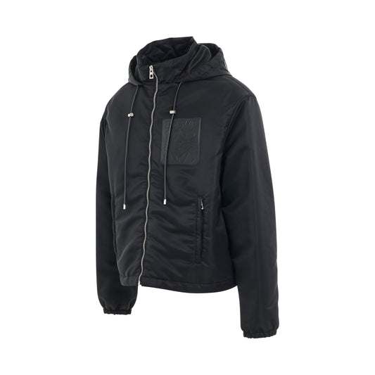 Leather Patch Hooded Jacket in Black