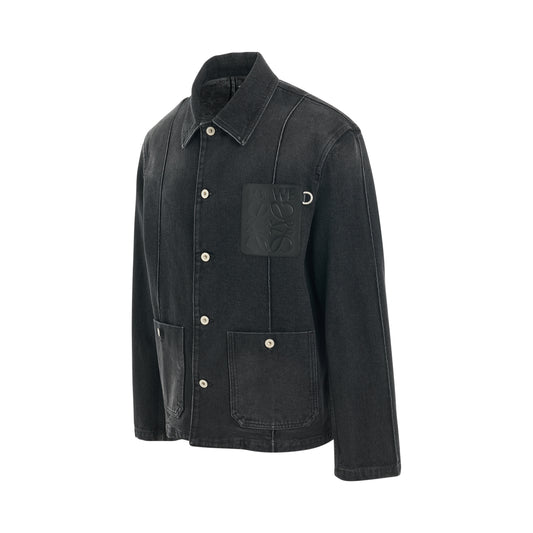 Leather Patch Denim Workwear Jacket in Washed Black