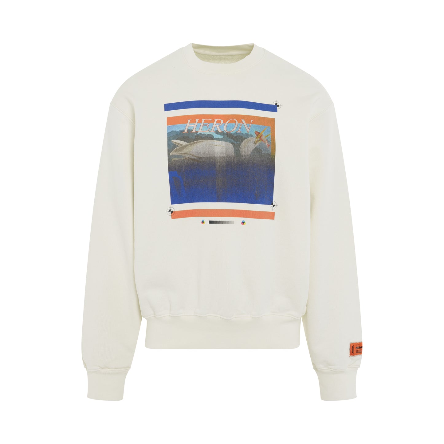 Misprinted Heron Crewneck in White/Navy