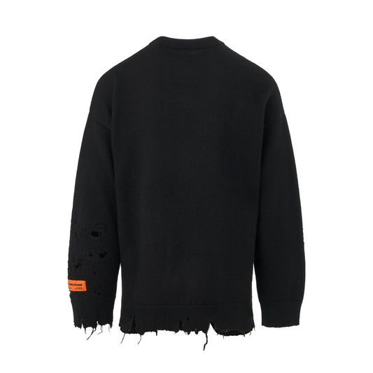 Regular Shredded Knit Crewneck in Black/White