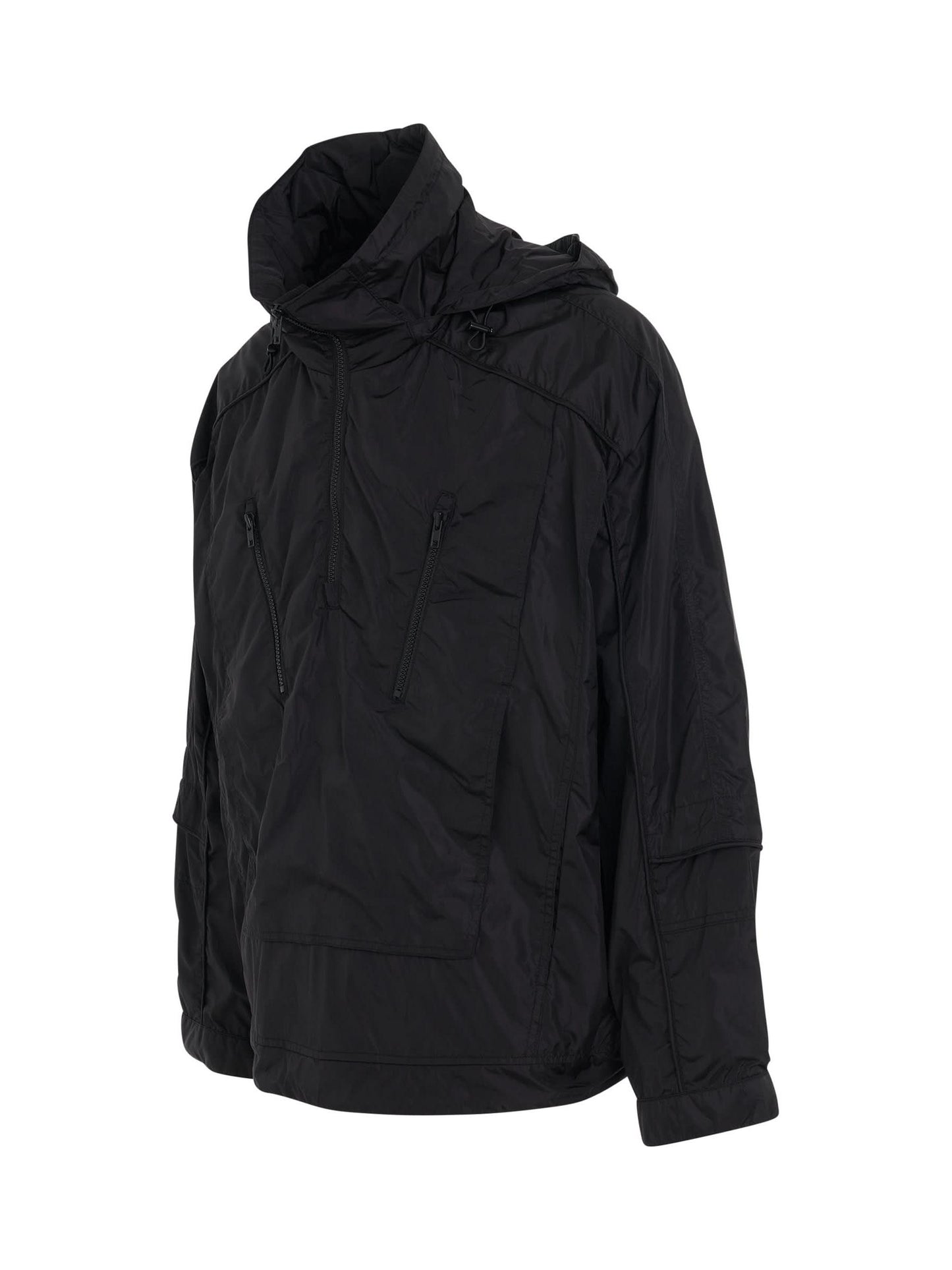 Half Zip-Up String Hoody in Black